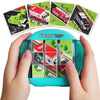 A hand holds a teal rotating puzzle featuring four scenes of emergency vehicles: a sanitation truck, ambulance, fire truck, a
