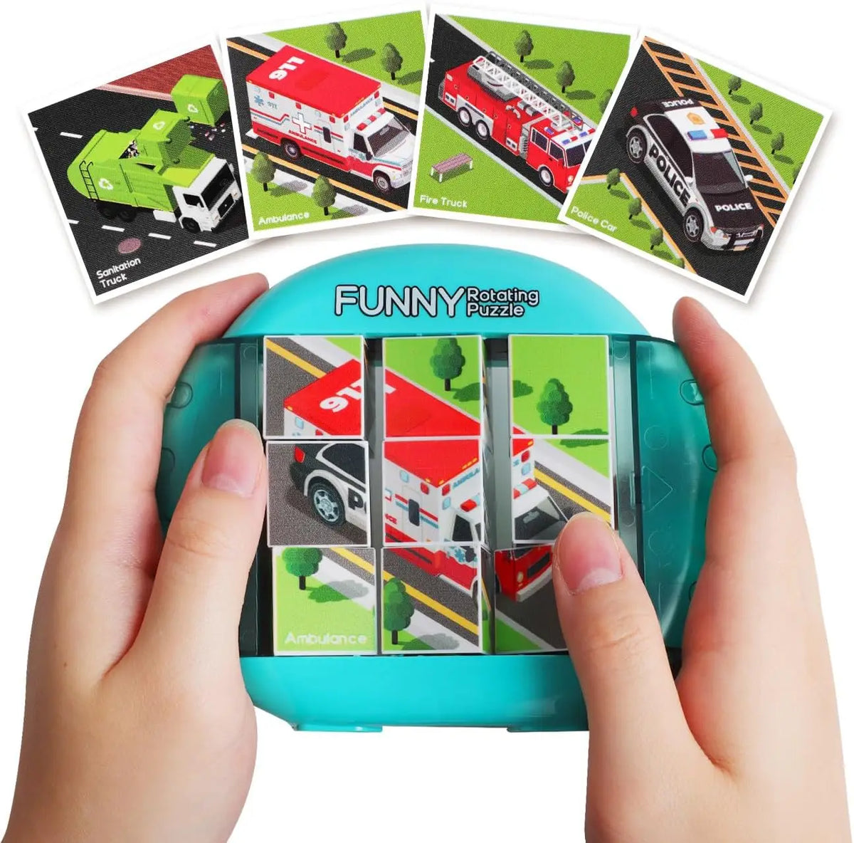 A hand holds a teal rotating puzzle featuring four scenes of emergency vehicles: a sanitation truck, ambulance, fire truck, a