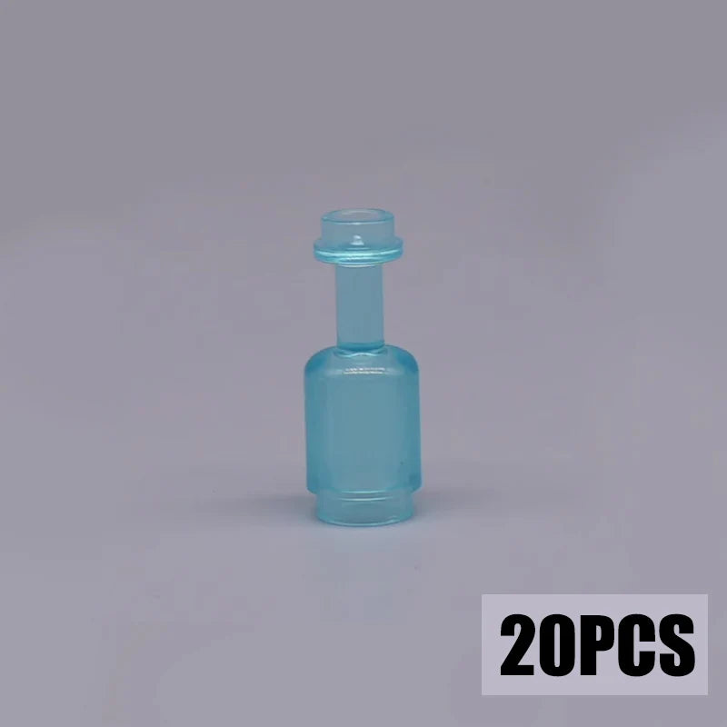 A set of 20 small, light blue glass vials or bottles with a stopper.