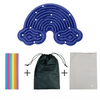 A blue double-sided silicone sensory activity board with 12 strings, a black drawstring bag, and a white plastic bag.