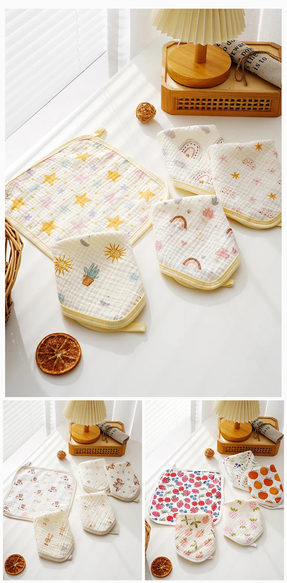 A set of five soft cotton muslin baby washcloths featuring various floral and sun patterns arranged on a white surface.