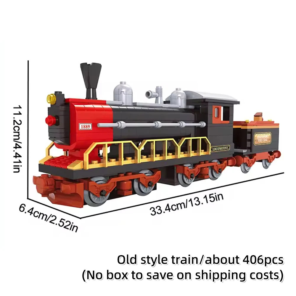A red and black vintage steam train building blocks set with yellow detailing and silver accents.
