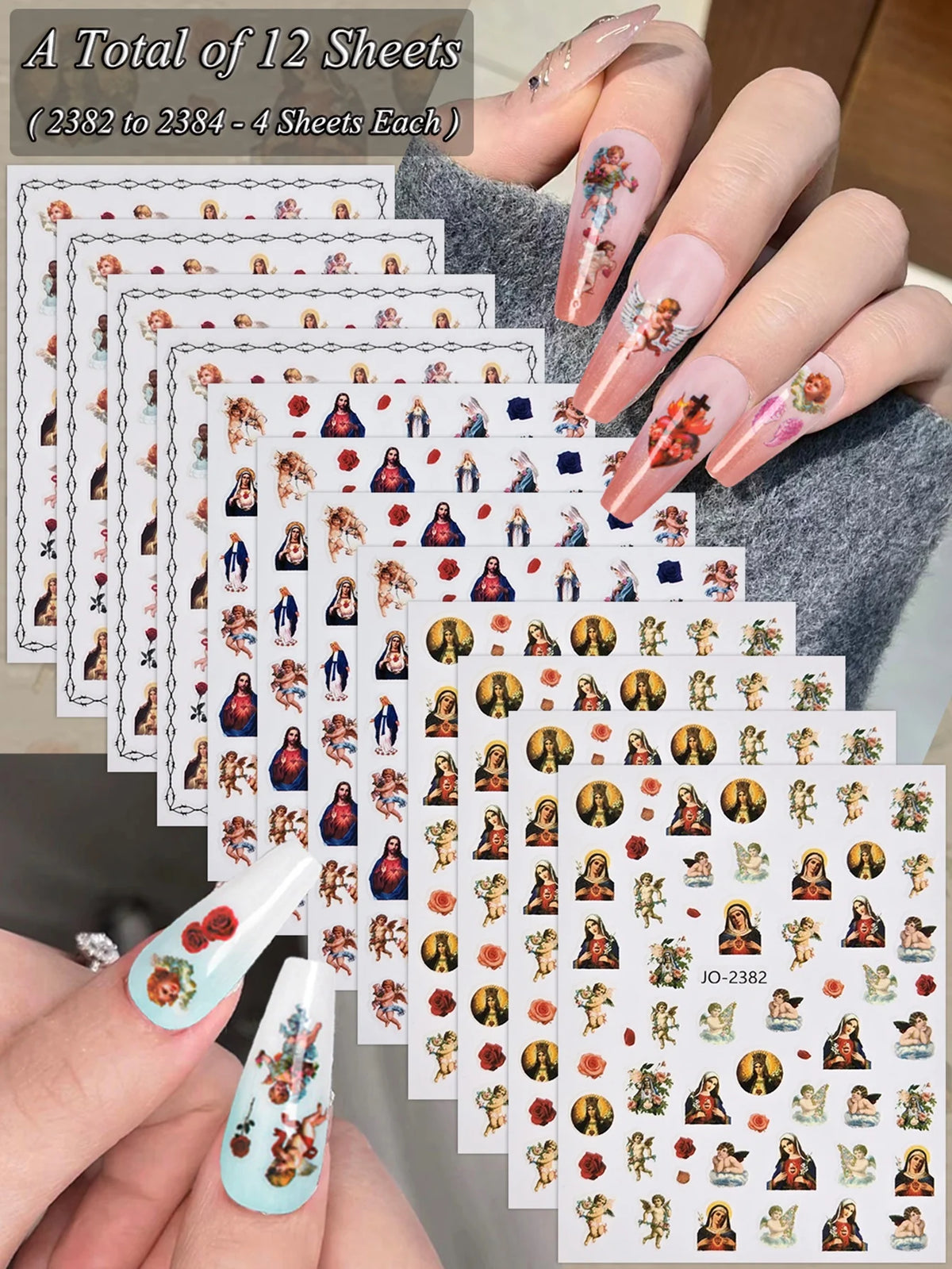A total of 12 sheets of vintage angel and saint nail art stickers featuring cherubs and crosses on white backgrounds.