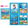 A set of four pages from a magic water coloring book featuring colorful sea creatures and an artist's pencil.