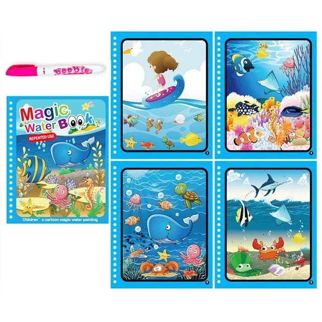 A set of four pages from a magic water coloring book featuring colorful sea creatures and an artist's pencil.