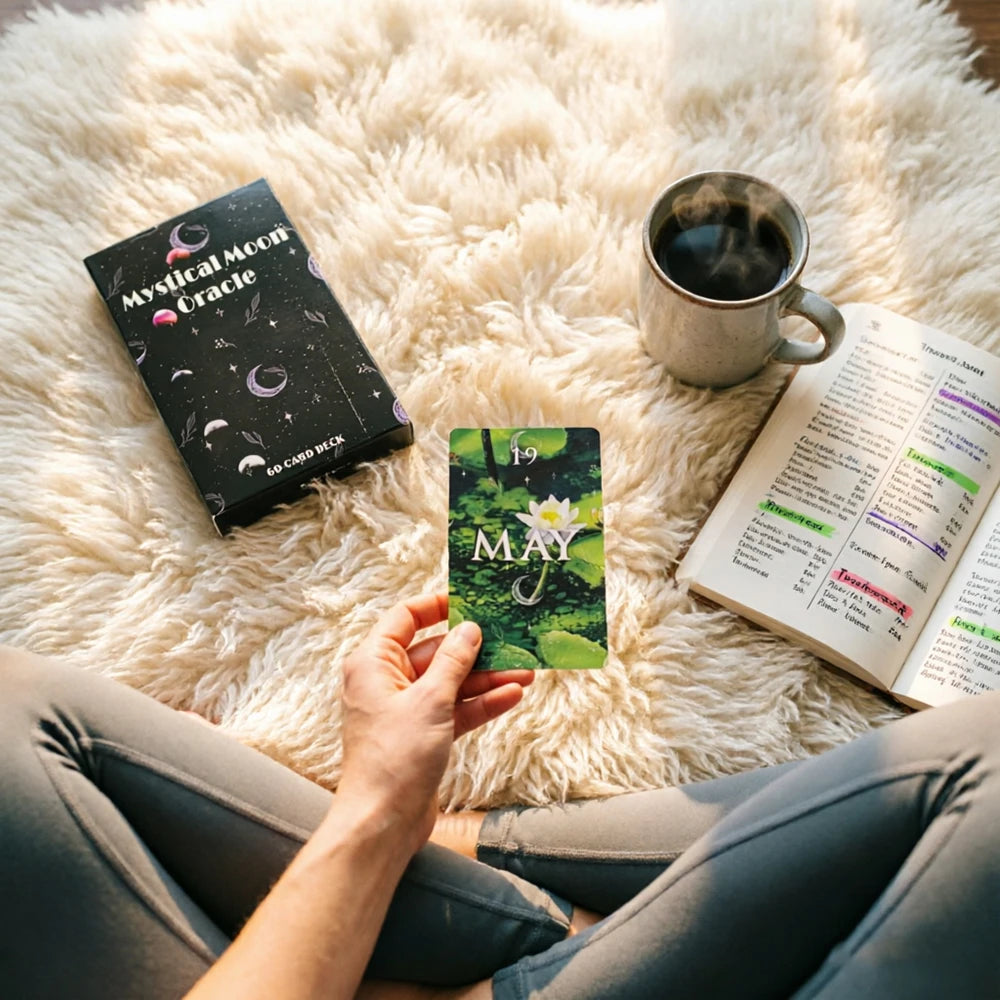A hand holds a green oracle card on a fluffy white rug next to a silver mug and an open book.