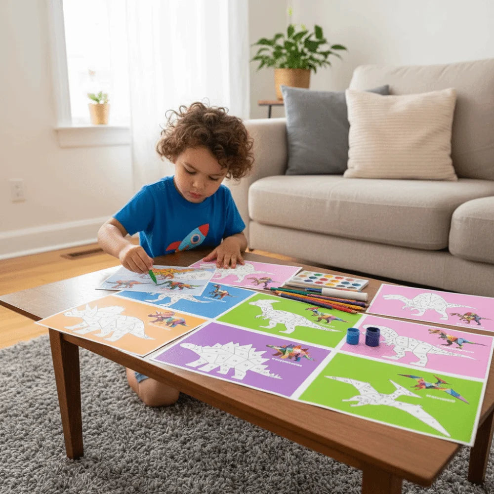 A young boy is crafting with a geometric animal sticker book on a wooden table in a bright living room.