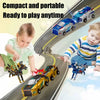 A child plays with a transforming dinosaur car toy, showing various modes of play.