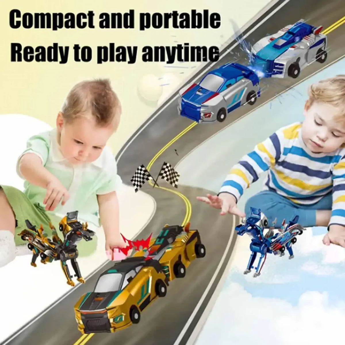 A child plays with a transforming dinosaur car toy, showing various modes of play.