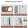 A portable 11-piece wooden watercolor paint set including various pens, a watercolor book, and storage bag.