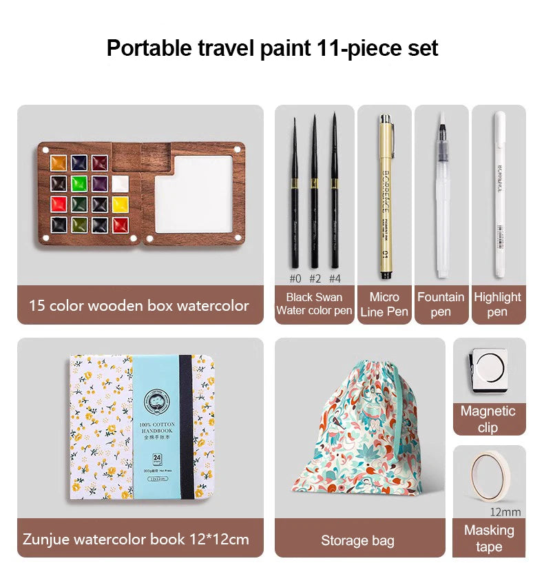 A portable 11-piece wooden watercolor paint set including various pens, a watercolor book, and storage bag.