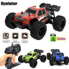 A red off-road remote control car with black tires and LED lights, shown alongside accessories.