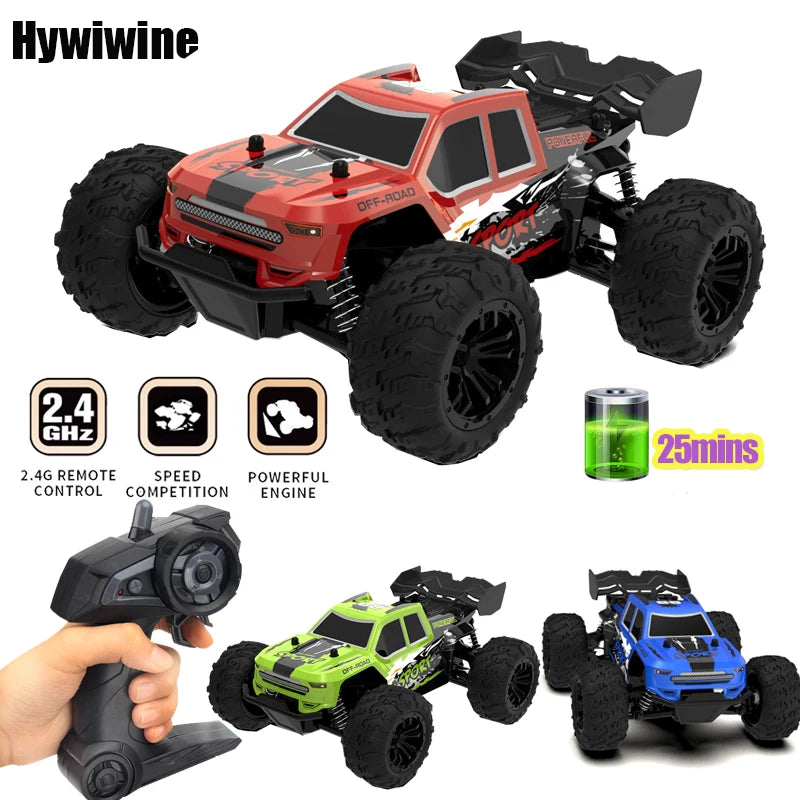 A red off-road remote control car with black tires and LED lights, shown alongside accessories.