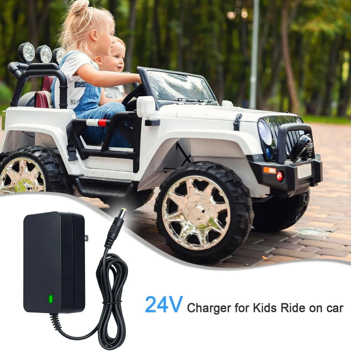 A child is riding a white electric ride-on car, powered by a 24V battery charger.