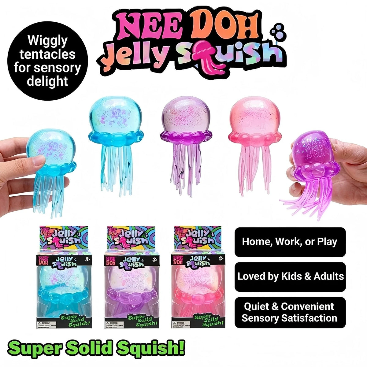A set of neon colored jelly squish toys shaped like jellyfish and cubes for sensory delight.