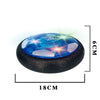A glowing blue LED hover soccer ball with a black base, measuring 18cm by 6cm.
