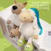 A plush toy of a wolf dressed in sheep's clothing, featuring white and tan fur with blue accents.