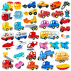 A collection of colorful city traffic vehicles, including trucks and buses, made of building blocks.