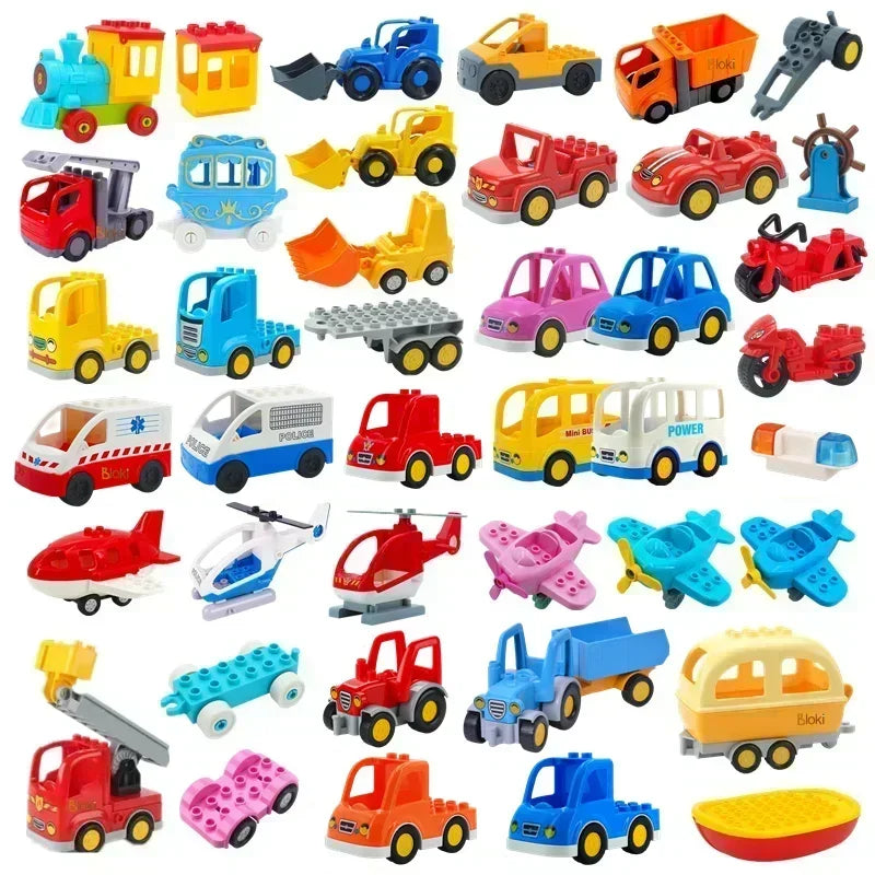 A collection of colorful city traffic vehicles, including trucks and buses, made of building blocks.
