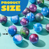 A collection of colorful, iridescent slime balls in various shades of blue, purple, and green are displayed on a light blue s