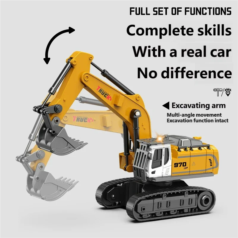 A yellow 1:64 scale remote control excavator with an articulating arm is shown.