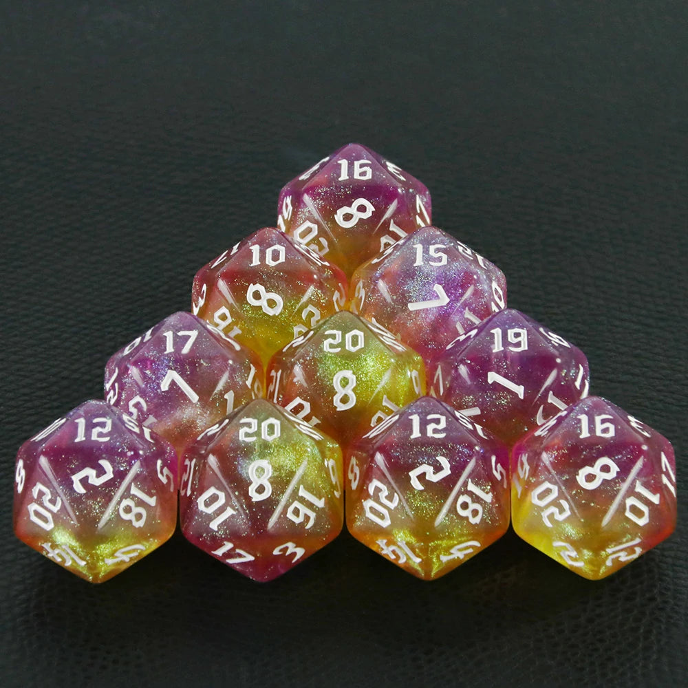 A pyramid of ten glitter polyhedral dice in mixed colors resting on a dark surface.