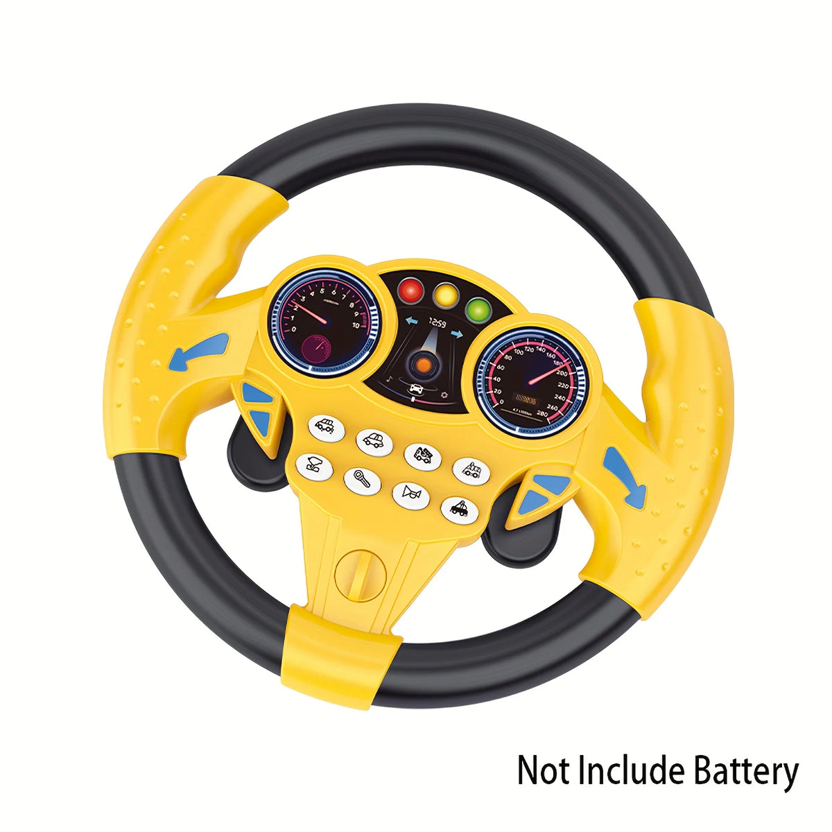 A yellow interactive steering wheel toy with a black rim and various colored buttons and gauges.