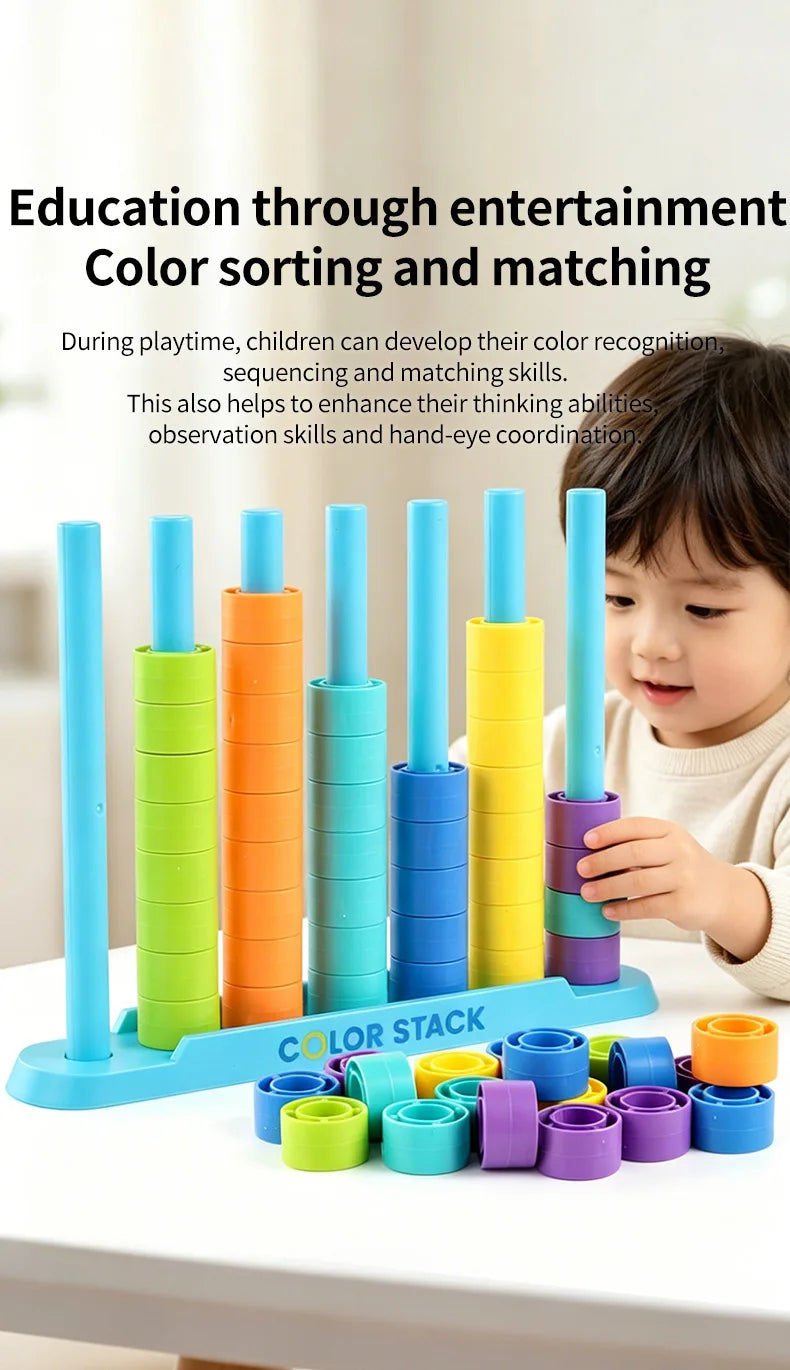 A child is playing with a colorful color sorting and matching educational toy set featuring stacking rods and rings.