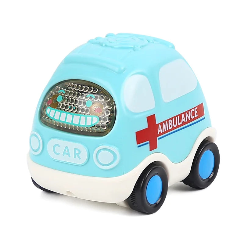 A light blue rubber push and go toy car with a clear headlight and an ambulance symbol.