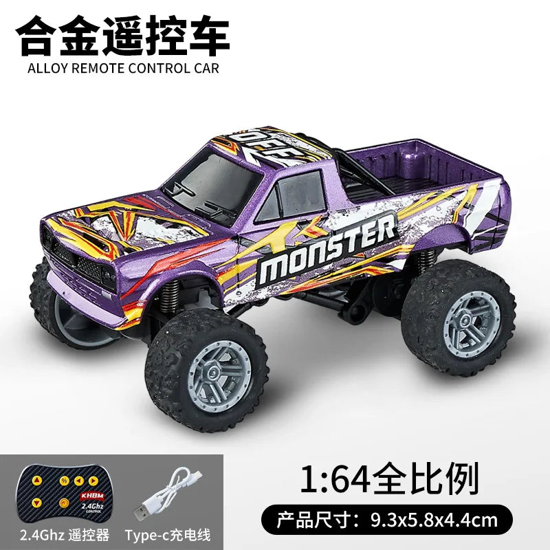 A purple and white 1:64 scale alloy remote control monster truck with large tires and a roll cage.