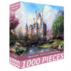 A 1000-piece jigsaw puzzle depicting a dream castle in a lush garden with trees and a rainbow.
