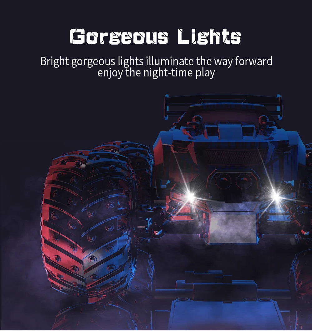 A dark, rugged 1:18 scale off-road RC monster truck with bright LED lights illuminating the way.