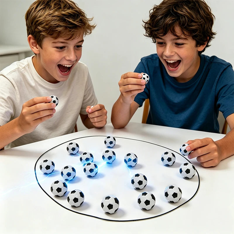 Two boys are playing with a magnetic soccer strategy board game on a white table.