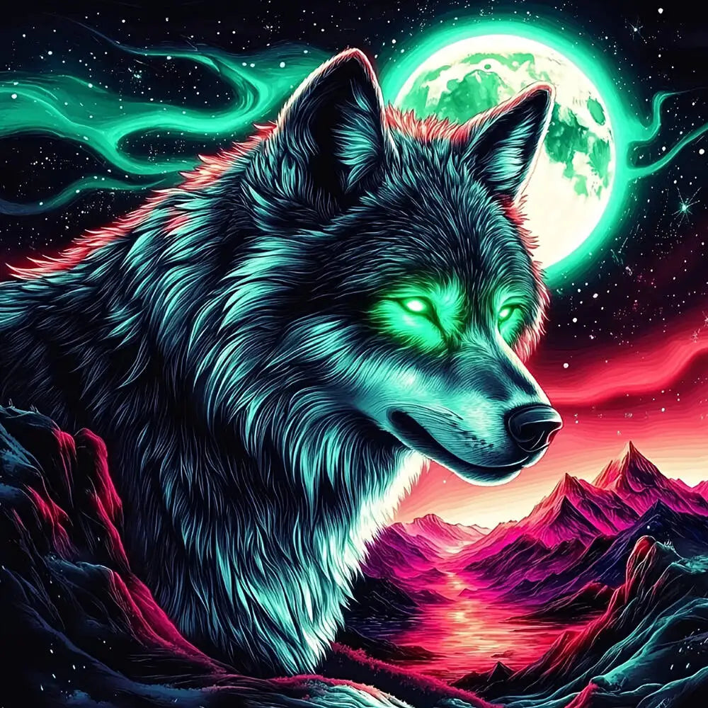 A majestic wolf with glowing green eyes stands against a vibrant red and pink sunset with a large full moon in the night sky.