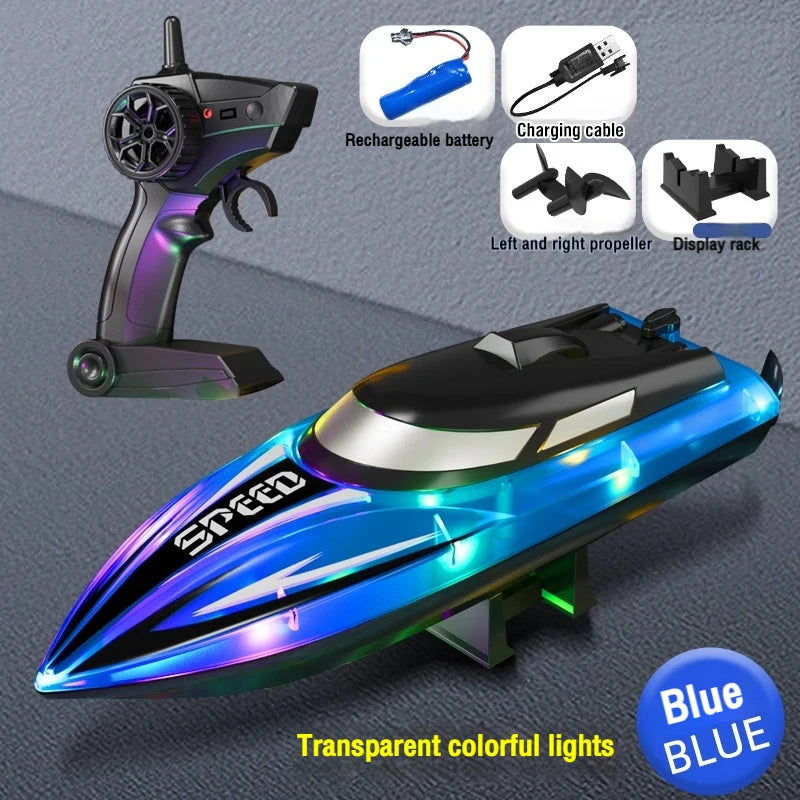 A sleek blue high-speed RC boat with transparent colorful lights, along with a charging cable and display rack.
