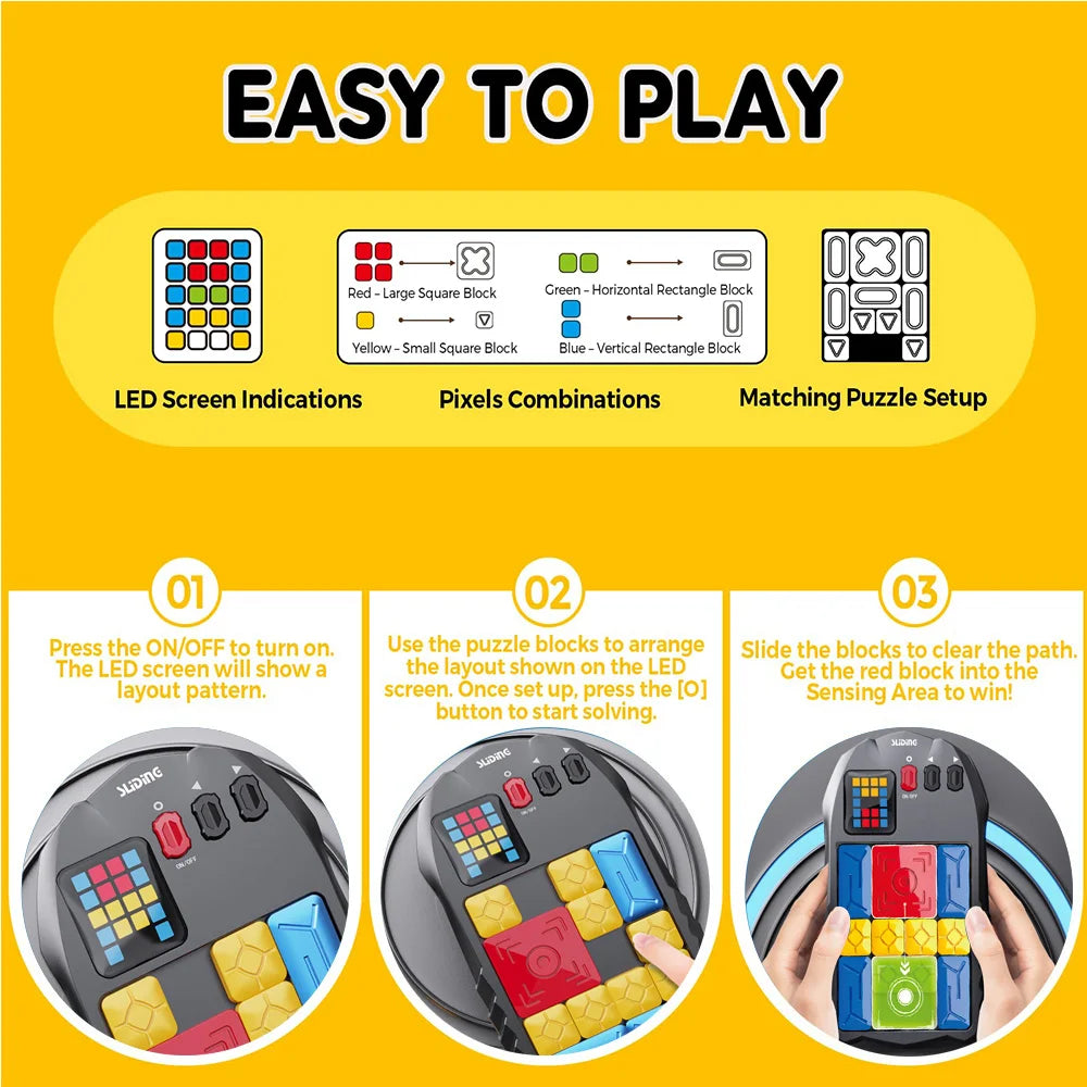 A set of electronic sliding puzzle blocks with an LED screen showing instructions and a matching puzzle setup.