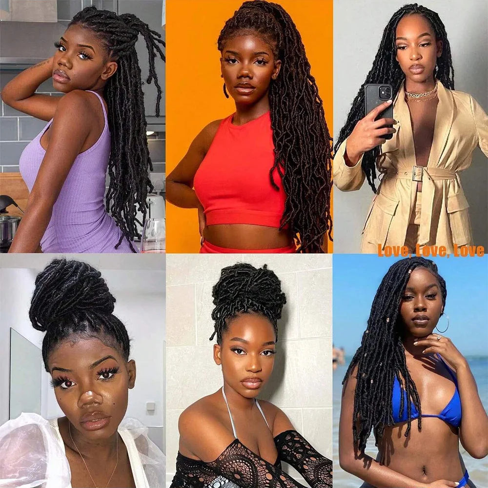 A collage of women showcasing various styles and colors of 30-Inch Faux Locs crochet hair including distressed, butterfly, an