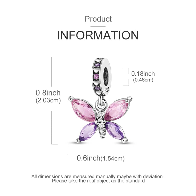 A silver heart charm featuring pink and purple iridescent butterfly accents for bracelets and necklaces.