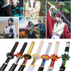 A collection of Demon Slayer anime katana swords in various colors and styles, including bamboo cosplay swords.