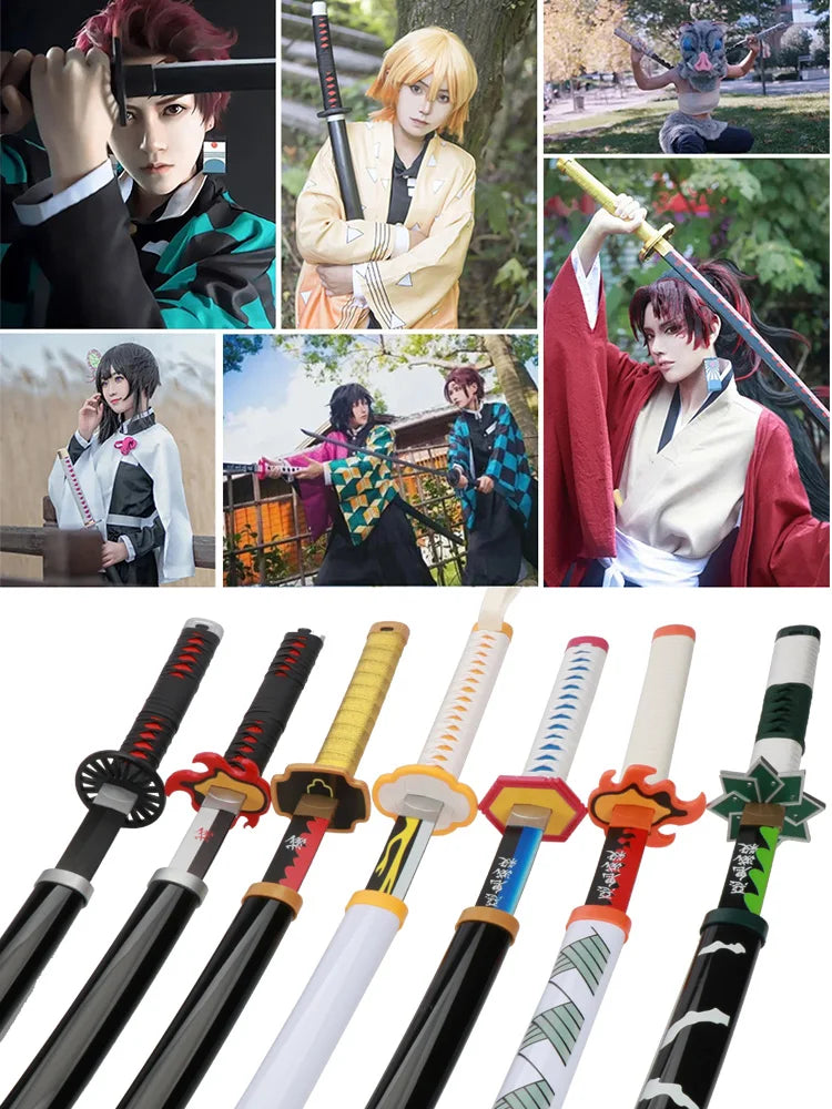 A collection of Demon Slayer anime katana swords in various colors and styles, including bamboo cosplay swords.
