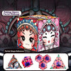 A box of Peking Opera facial makeup featuring a stylized female face and colorful patterns, alongside several geometric cube 