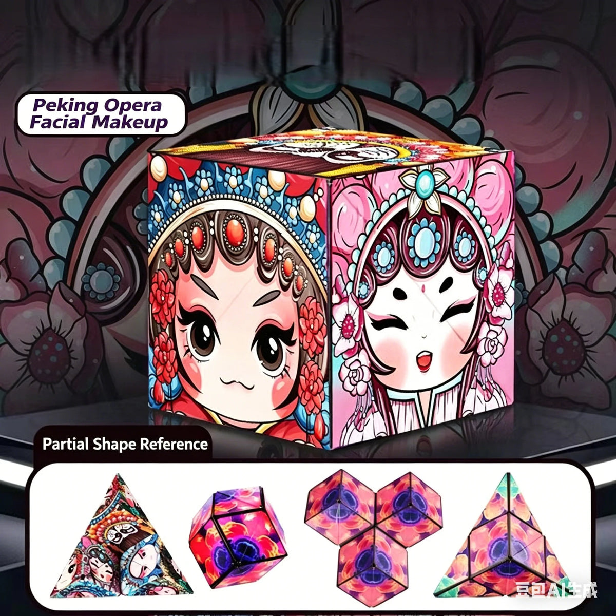 A box of Peking Opera facial makeup featuring a stylized female face and colorful patterns, alongside several geometric cube 