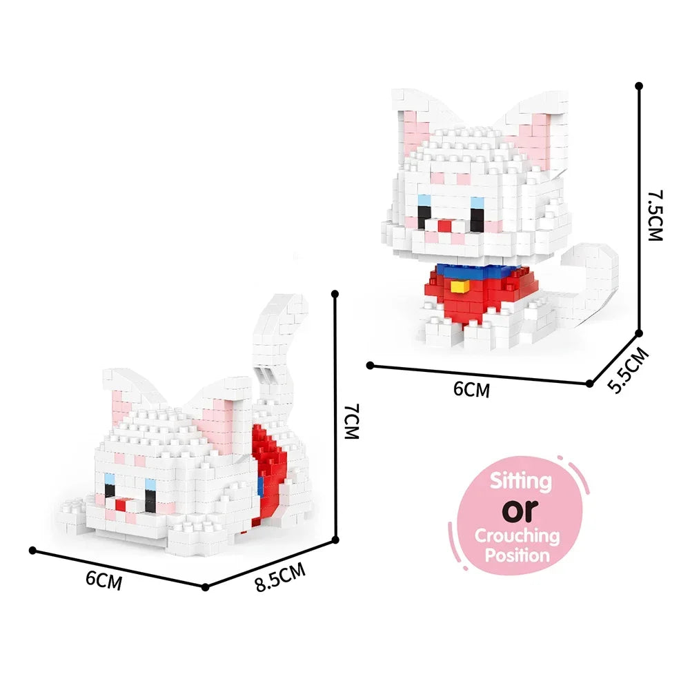 A white and pink cat figure made of mini building blocks, shown in sitting or crouching position.