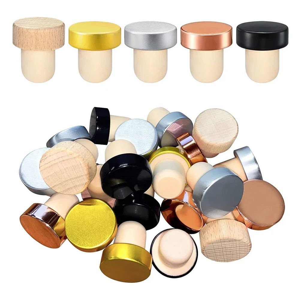 A set of ten reusable T-shaped wine bottle stoppers in various wood and metallic colors.
