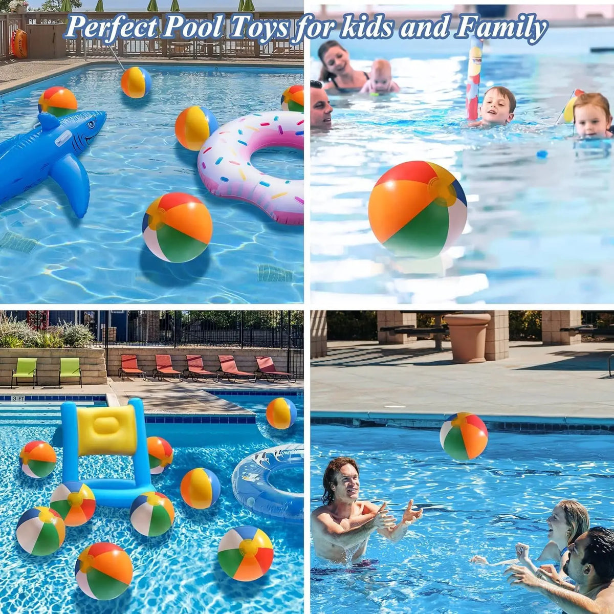A colorful rainbow striped inflatable beach ball floating in clear pool water.