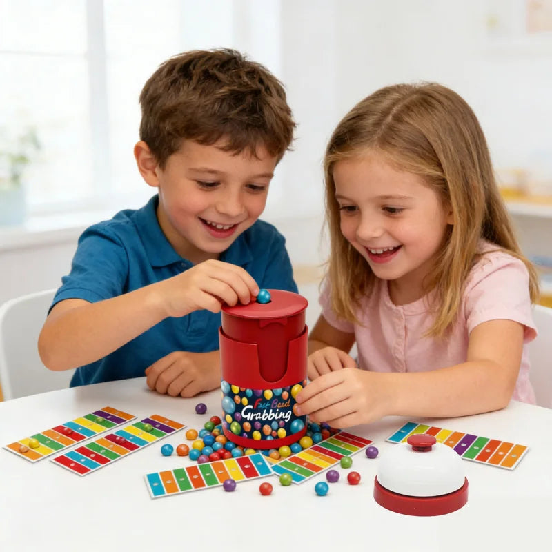 Two children play a colorful speed bead grabbing board game with a bell for two players on a white table.