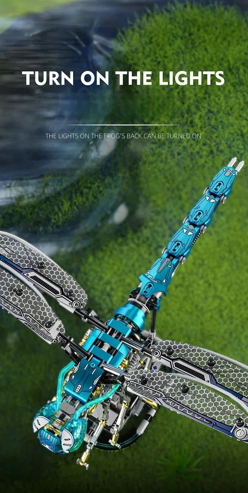 A close-up of a blue and silver mechanical dragonfly model kit with translucent blue lights, set against a blurred green back
