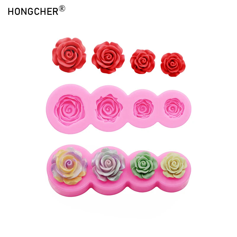 A set of silicone molds shaped like roses in various shades of red, pink, and green for resin, jewelry, and baking.