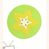 A round green coaster with a yellow flower pattern on top.