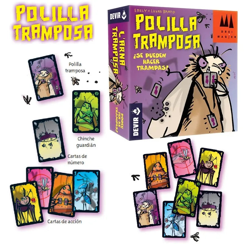 Box of Polilla Tramposa card game featuring illustrations and game components.
